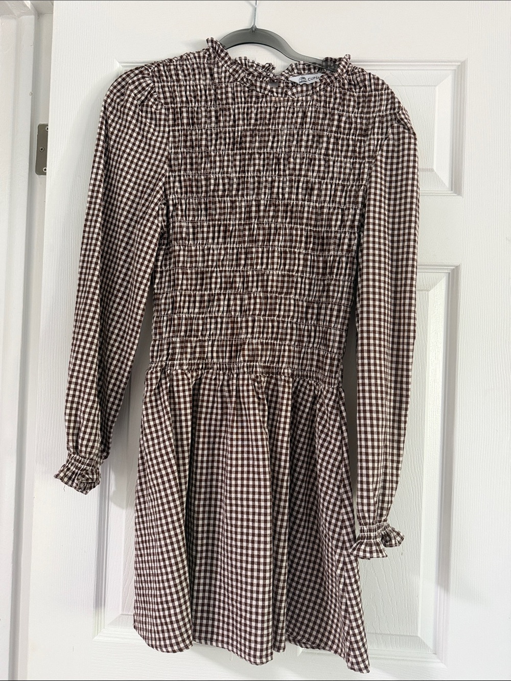 Cupshe Gingham Smocked Long Sleeve Dress - Brown & White